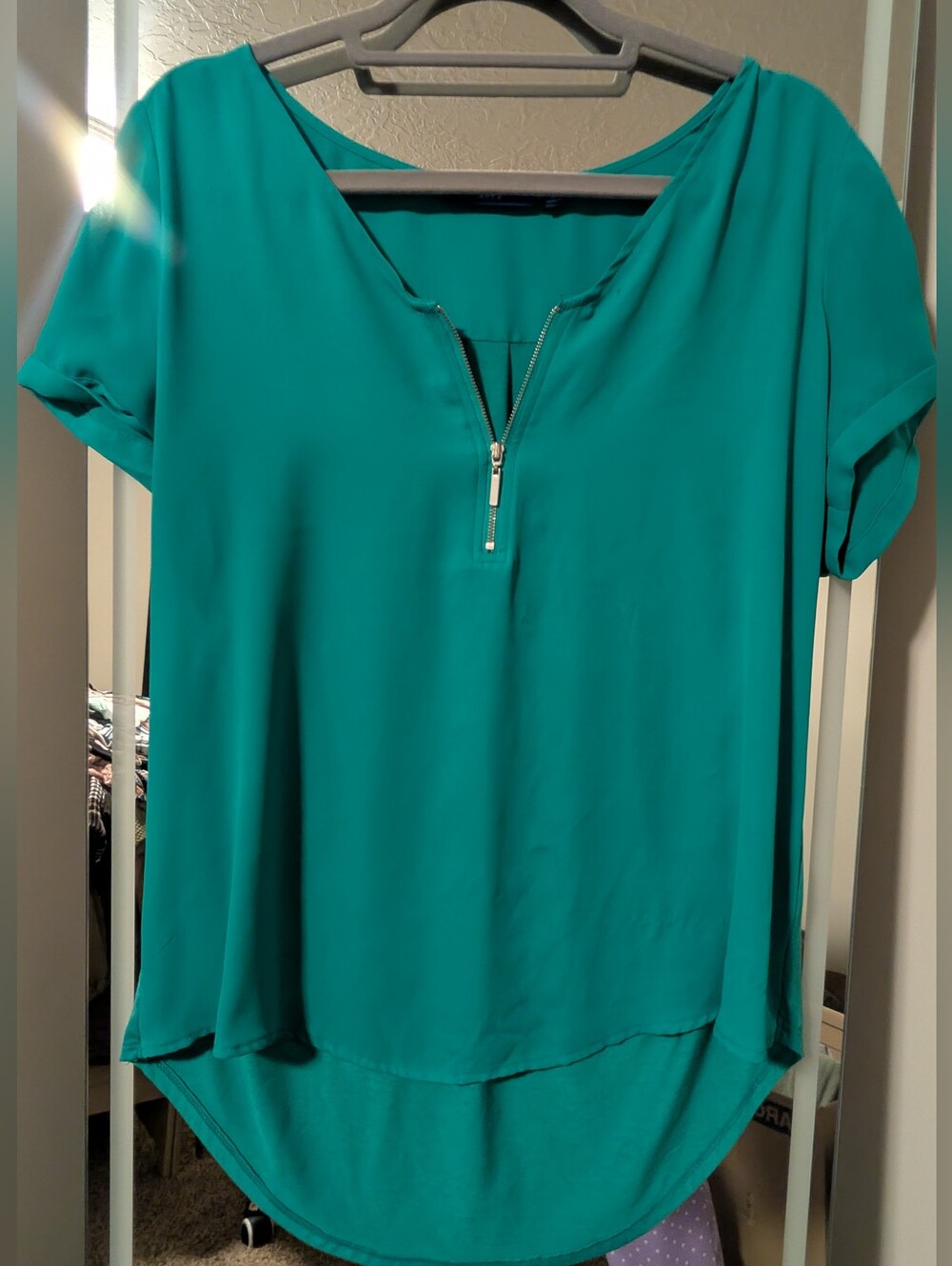 Apt. 9 Teal Short Sleeve Zip-Front Blouse